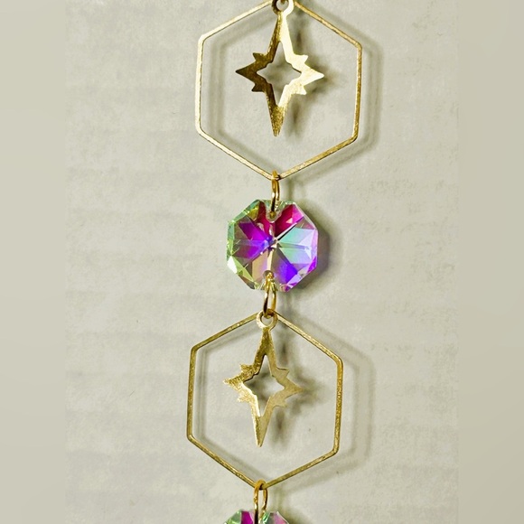 Hanging Gold Crystal Suncatcher Colorful Prism Pendant 17.5in - Picture 5 of 6